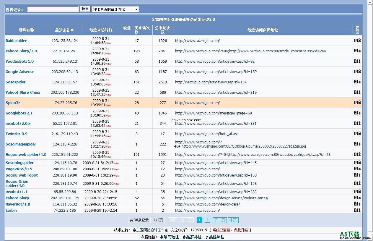 余志国搜索引擎蜘蛛来访记录系统 v2.0